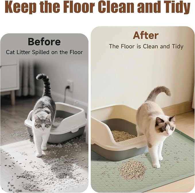 Cat Mat for Litter Box, 40" X 28" Large Silicone Cat Litter Trapping Mat, Waterproof Cat Litter Mat, Soft on Kitty Paws, Urine-Proof, Non-Slip Kitty Scratch Pad for Floor(Green)