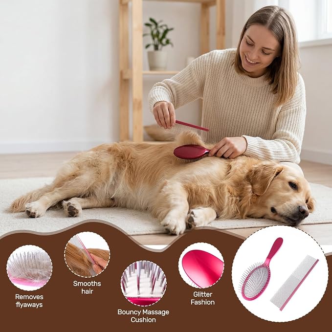 2PCS Slicker Brush for Dogs, Professional Pet Grooming Brush, 27mm Oval Stainless Steel Pin, Sparkle Glitter Handle, Anti-Static Round-Tipped Pins, Gentle Massage & Shedding Comb for Long Haired Dogs