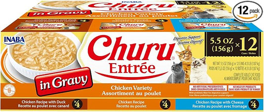 INABA Churu Entrée in Gravy for Cats, High Protein & Moisture, Prebiotic Wet Cat Food, 5.5oz. Can, 12 Cans Total, Chicken Variety