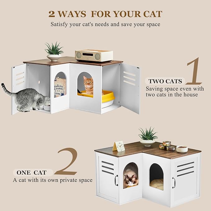 Corner Litter Box Enclosure for 2 Cats, 31.5in Hidden Litter Box Furniture, Litter Box Cabinet with Double Room, Indoor Cat House End Table, Retro White