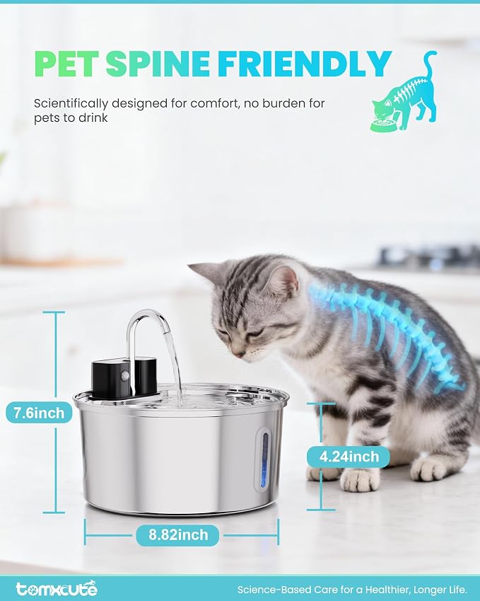 Tomxcute Wireless Cat Fountain-108oz Cordless Automatic Battery Operated | Quiet Pump Stainless Steel Pet Fountain with 3 Smart Water Supply Modes Rechargeable Water Dispenser for Cats, Dogs, Pets