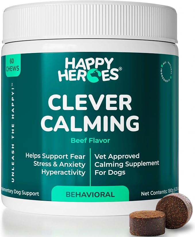 Clever Calming Chews for Dogs, 100% Natural Dog Supplement, For Anxiety Relief, Helps Stress, Fear, Hyperactivity, Reactivity, Beef Flavor Calming Dog Treats, Made in USA, 60 Soft Chews