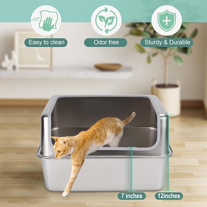 Stainless Steel XL Cat Litter Boxes with Metal Lid,20x14x12'' Extra Large Kitty Litter Pan with High Wall Enclosure-Odor Free&Easy to Clean