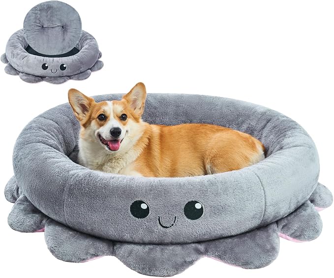 Jiupety Cute Calming Dog Beds Clearance for Large and Extra Dogs, Anxiety Bolster Dog Bed with Octopus Shape, Grey, XL, Boho, Round Pet Bed Cat with Removable Cushion