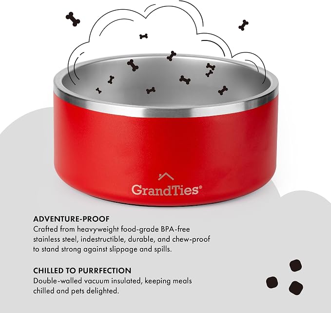GrandTies Stainless Steel Dog Bowl | Engraved Reusable BPA-Free Insulated Pet Feeder | Large Heavy Duty Non Skid Spill Proof Dish | Outdoor Water Bowl (64oz, Cranberry)