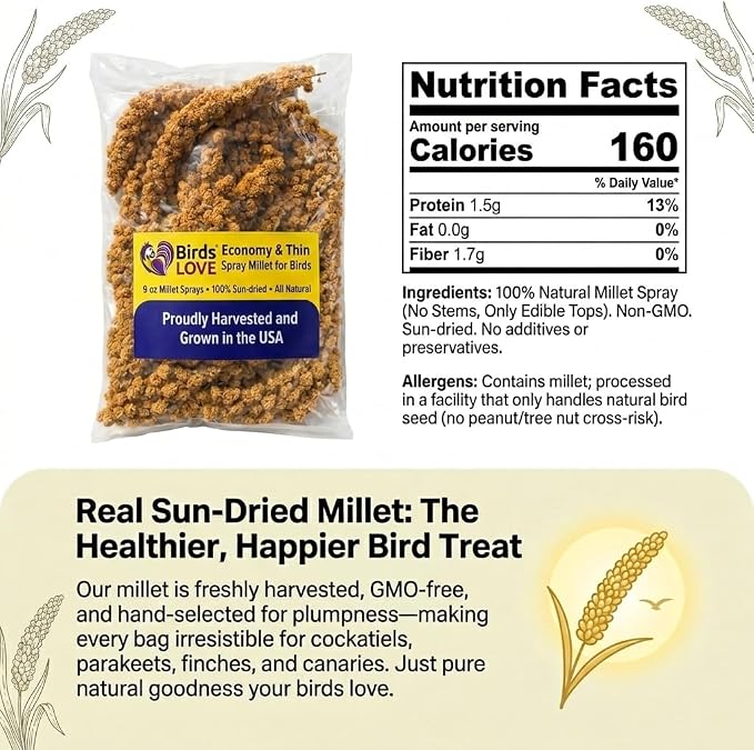 9 oz Spray Millet for Birds – GMO-Free, No Stems (Only Edible Tops) – 100% Natural Sun-Dried Foraging Treat for Cockatiels, Lovebirds, Parakeets, Finches & Canaries