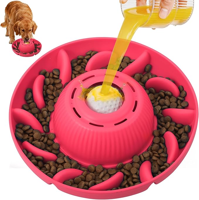 PUPPYGANG 2-in-1 Slow Feeder Dog Bowl for Large Dogs — Silicone Dry Food Maze & Wet Food Lick Ball with Suction Cup, Interactive Puzzle Feeder, Non-Slip & Detachable, Easy to Clean (Red)