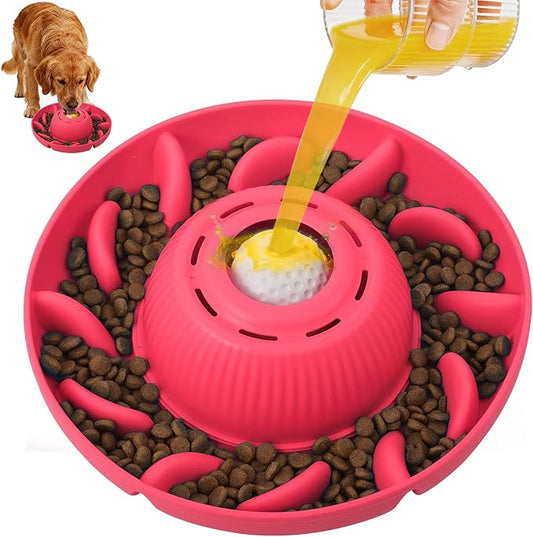 PUPPYGANG 2-in-1 Slow Feeder Dog Bowl for Large Dogs — Silicone Dry Food Maze & Wet Food Lick Ball with Suction Cup, Interactive Puzzle Feeder, Non-Slip & Detachable, Easy to Clean (Red)