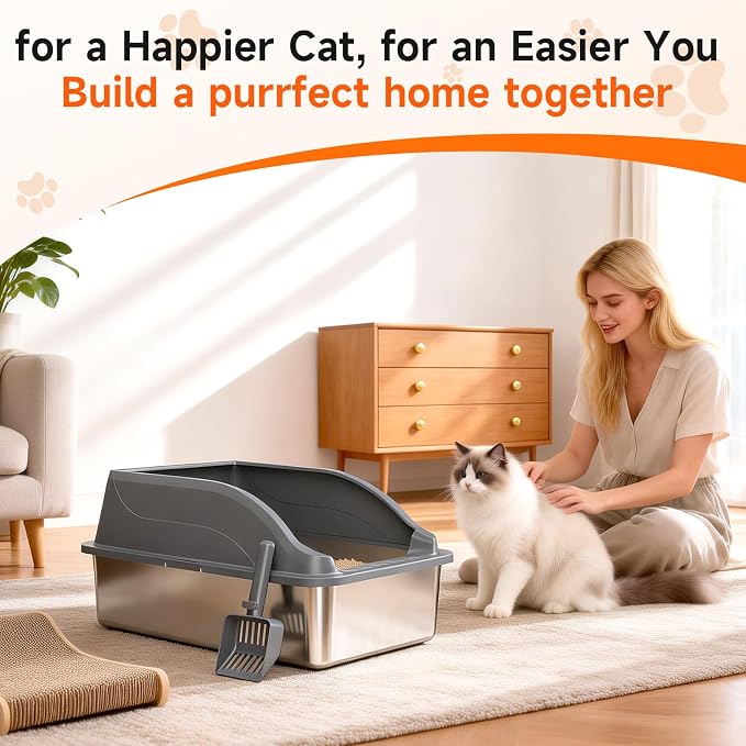Stainless Steel Cat Litter Box with Lid, XL Extra Large High Sided Litter Box for Big Cats, Odor Free Open Top Litter Pan Easy Cleaning Anti-Urine Leakage Non-Stick, Includes Scoop