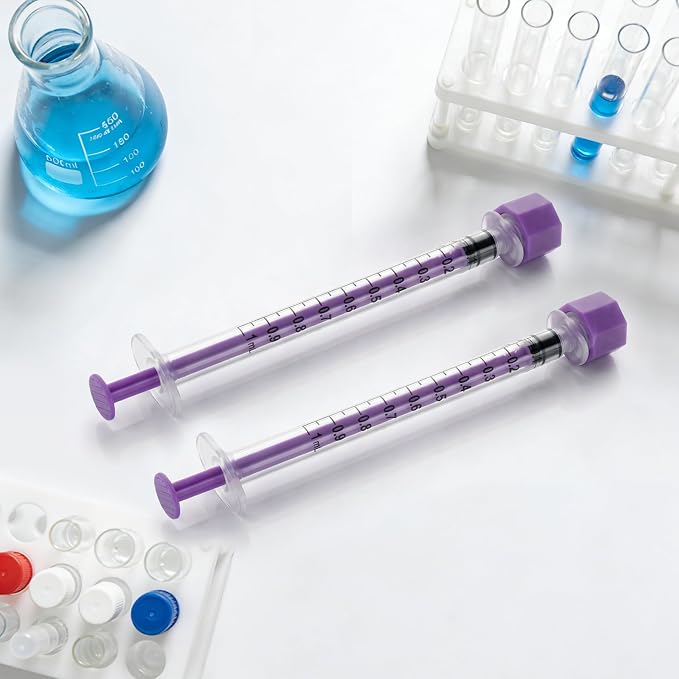 1ml/cc Syringes with Cap - Plastic Purple Syringe for Liquid, Feeding, Individually Wrapped, Pack of 20