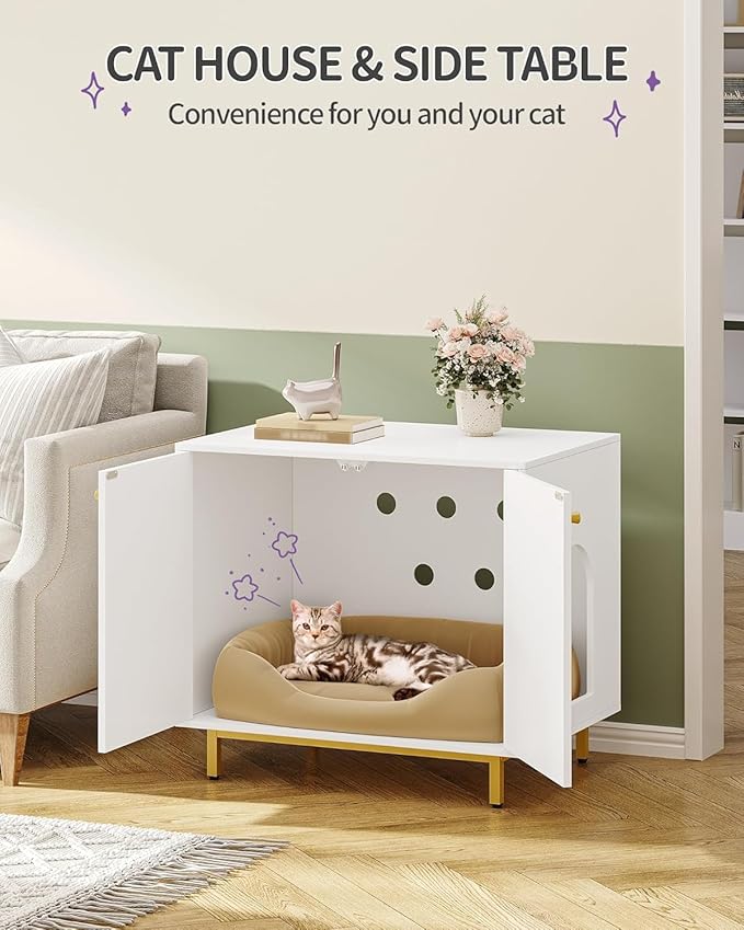 Hzuaneri Cat Litter Box Enclosure, Hidden Litter Box Furniture Cabinet, Wooden Indoor Cat House, Side End Table, Living Room, Bedroom, White and Gold CB85003G