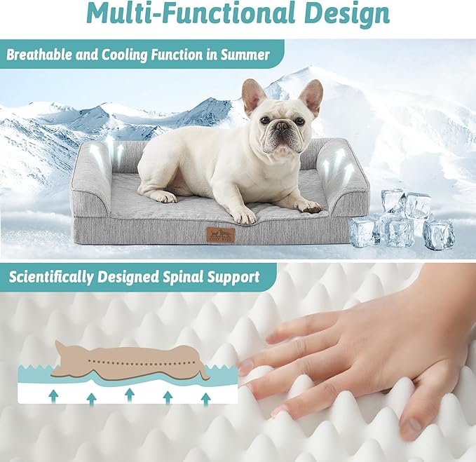 COZY KISS Cooling Dog Bed for Medium Dogs, 36"x27" Orthopedic Foam Sofa with Bolster Sides, Q-Max >0.4 Cooling Technology, Cool Pet Bed with Removable Washable Cover, Grey