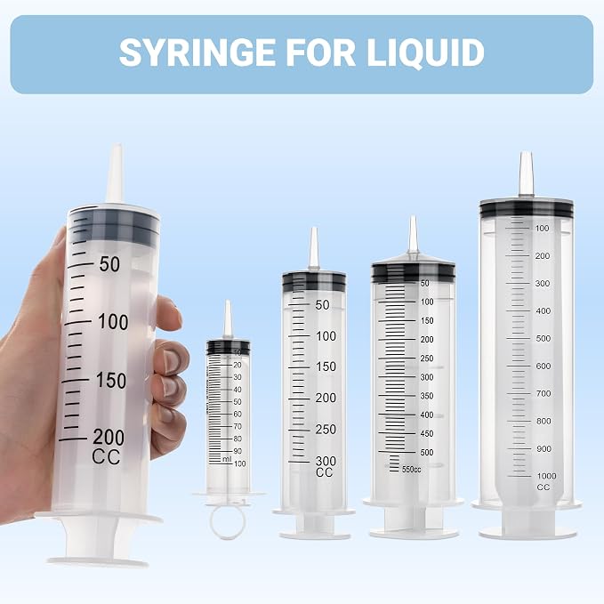 200ml Large Syringe, Plastic Syringe with Tip Adapter, for Scientific Labs, Measuring, Watering, Refilling, Filtration Multiple Uses, Individual Sealed, 5 Pack