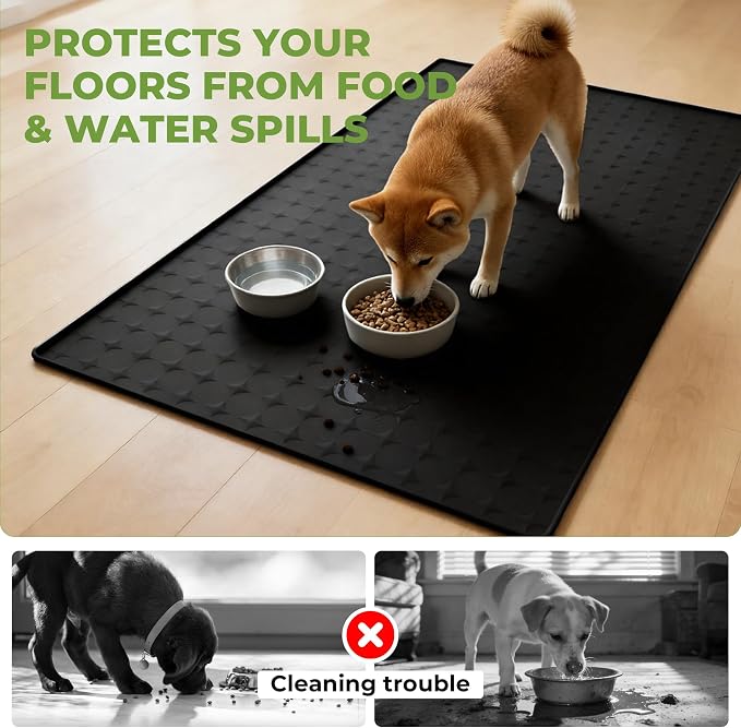 Extra Large 34x22 Inch Machine Washable Silicone Pet Food Mat - Waterproof Dog & Cat Bowl Mat with Raised Edge, Non-Slip Floor Protector for Large Dogs, Multi-Pet Homes (Black)