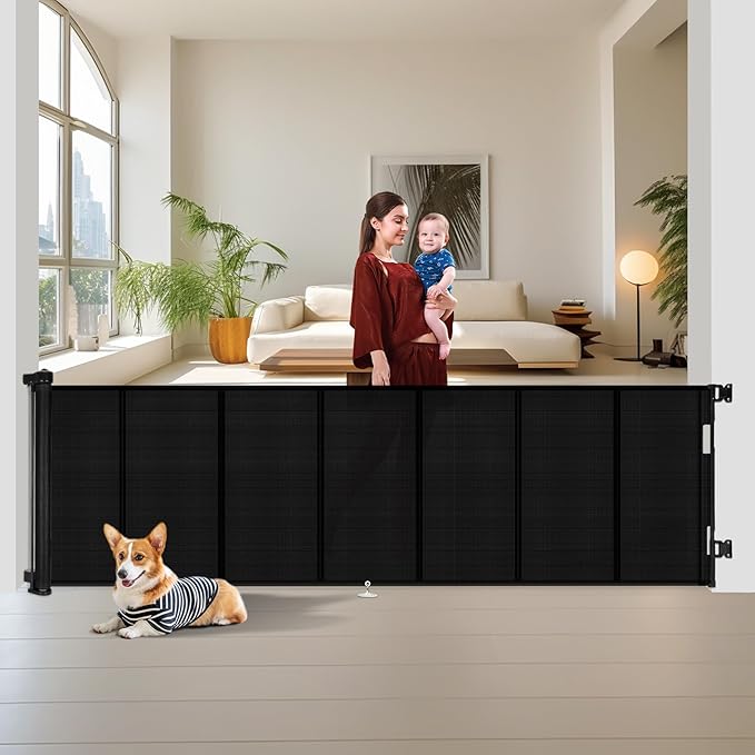 Miumoon 150 inch Retractable Baby Gates 34 inch Tall, Retractable Gate with Reinforced Strip Design to Prevent Crawling Through, 12 FT Extra Wide Retractable Dog Gate for Indoor/Outdoor