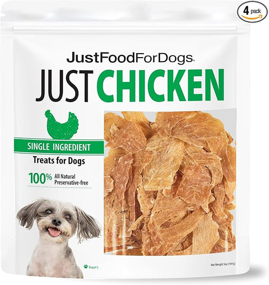 JustFoodForDogs Single Ingredient Healthy Dog Treats and Dog Snacks, Jerky Treats, Human Grade, Preservative and Grain Free, Rawhide Free Chews, Low Calorie Treat - Chicken Breast, 2.5 oz Pack of 4