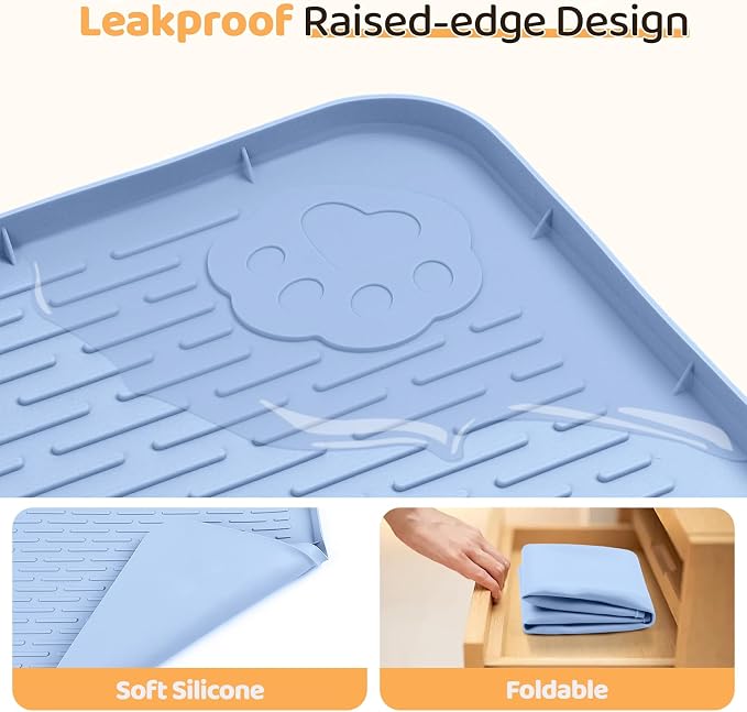 Dog Food Mat, Extra Large 50" x 35" Silicone Pet Feeding Mat with Raised Edge Pet Placemat for Small, Medium, and Large Pets Non-Slip, Easy to Clean (Blue)