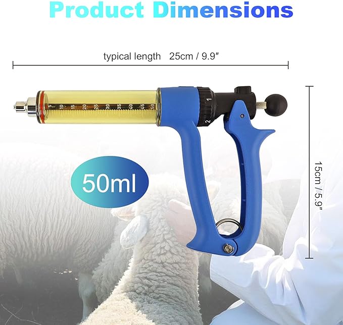 50ML Semi Automatic Livestock Syringe, 5 Gears Dose Accurate Adjustment Cattle Vaccine Gun, Continuous Repeating Luer Lock Veterinary Syringe for Cow Goat Hog Sheep