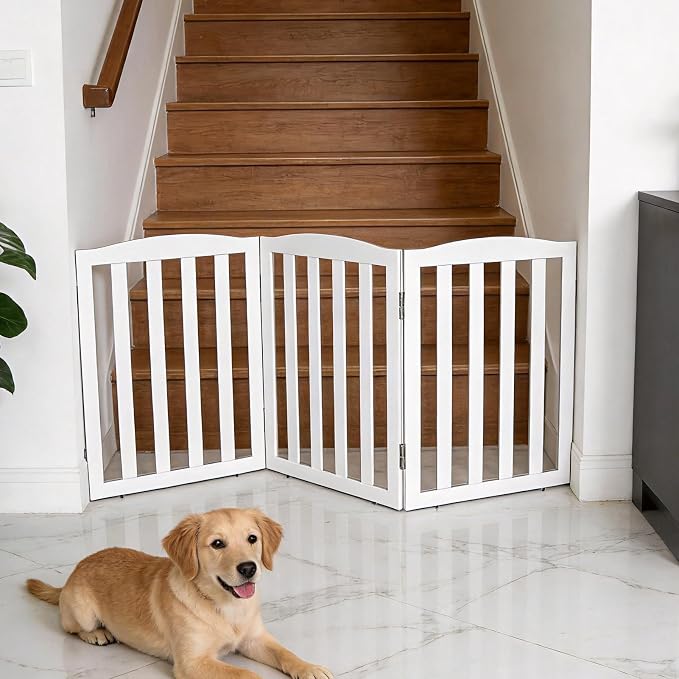 Freestanding Dog Gate Indoor,Doggie Gate Foldable Pet Gates for Doorways,Stairs or Hallways, Wooden White Pet Gate for the House, Pet Fence with Support Feet Included,24 "Height-3 Panels