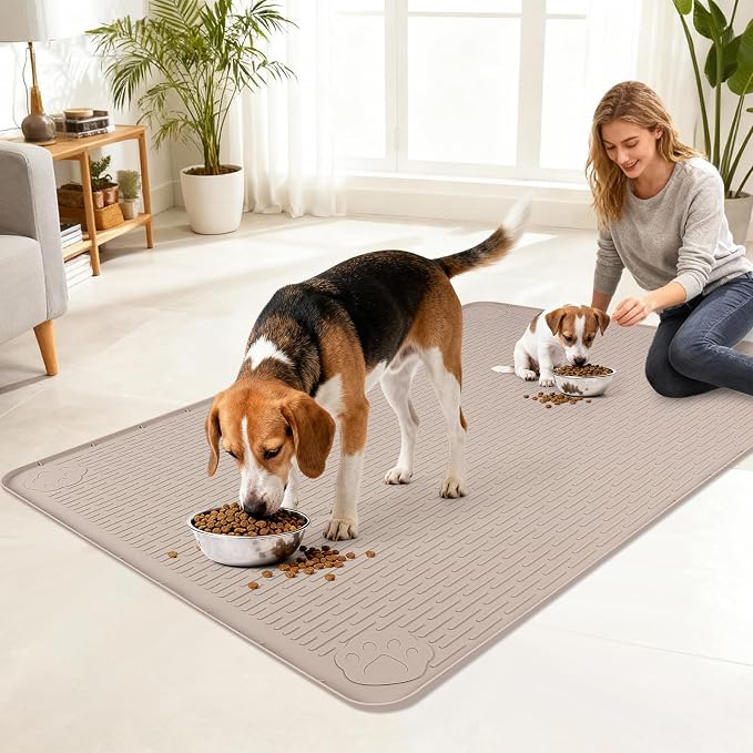Dog Food Mat, 40" x 28" Large Silicone Mat Dog Feeding Mat with Raised Edge Non-Slip Pet Feeding Mat for Food and Water Bowl, Easy to Clean, Floor Protection (Khaki)