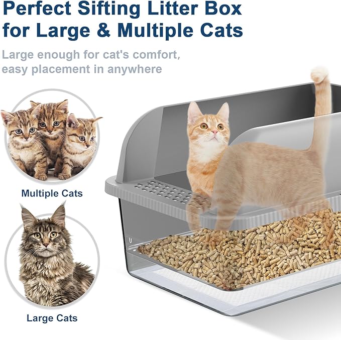 8" Deep Stainless Steel Sifting Litter Box for Pine Pellets, XL Stainless Steel Litter Box with Lid, Removable & Anti-Leakage, High Sides Metal Cat Litter Boxes for Big Cat, Non-Sticky, Easy Cleaning