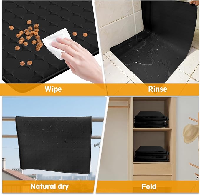 Extra Large Silicone Dog Food Mat 33.9"x21.9" – 0.27" Raised Edge Waterproof Pet Feeding Mat, Non-Slip Placemat for Multiple Bowls, Auto Feeders, Cat Fountains, Dishwasher Safe (Black/Gray)