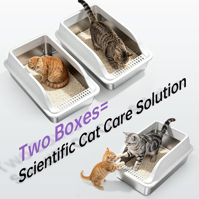 Stainless Steel XL Cat Litter Box for Cats, High-Sided Design Prevents Urine Leakage, Non-Stick, Easy to Clean, Includes Scoop, Gray XL 2 Pack