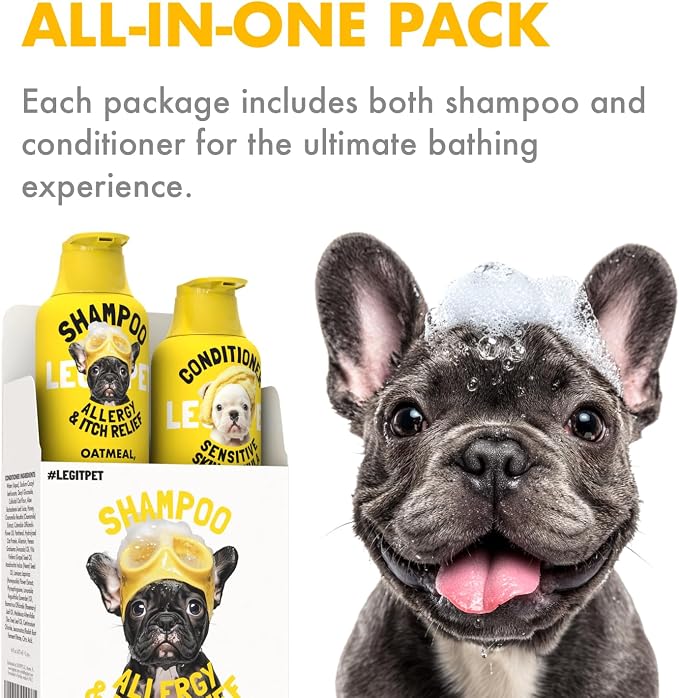 LEGITPET Oatmeal Dog Shampoo & Conditioner Itch & Allergy Relief with Honey & Aloe Hypoallergenic Gentle Calming Formula for Sensitive Skin & Dandruff Safe for Puppies Best for All Breeds 2 x 16oz