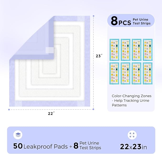 ZOMISIA 3D-Barrier Puppy Pee Pads for Dogs, 7 Cups Absorb & Rise Puffy Gel-Wall Leak-Proof, 22"x23" 50 Counts + 8 Pet Urine Test Strips, Super Absorbent Disposable Potty Training Pads