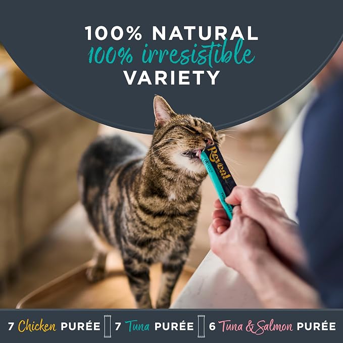 Reveal Fish and Chicken Variety Puree Lickable Cat Treats 20-Pack, Limited Ingredient, Grain Free, Protein Squeeze Up Cat Treats for Training or Food Topper (20 x 0.5 oz Pouches)