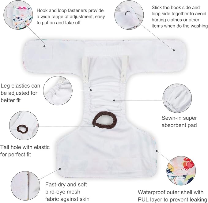 CuteBone Dog Diapers Female Washable Small Medium Large 3 Pack Reusable Doggie Diapers Puppy Period Pants for Doggy Heat Cycle Peeing