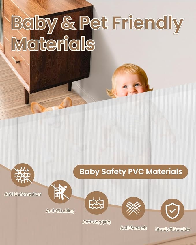 Retractable Baby Gate, 71" Wide 34" Tall Reinforced Mesh Baby Gate for Open Kitchens and Wide Doorways, One-Hand Operation Retractable Dog Gate, Fits Baseboards, White