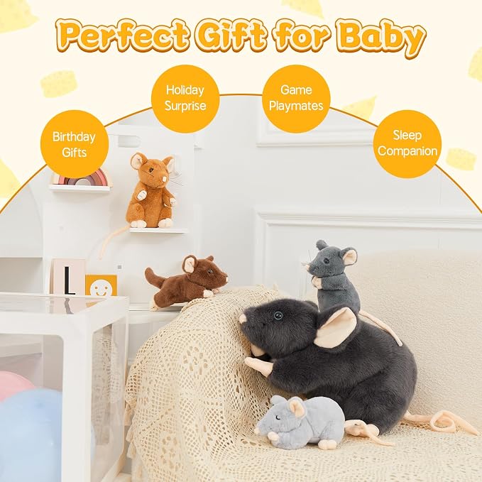 Tezituor 5Pcs Rat Stuffed Animal Set, 24 Inches Large Stuffed Mommy Rat with 4 Baby Rats Inside, Realistic Mouse Family Plush Toy for Kids Christmas Halloween Decoration