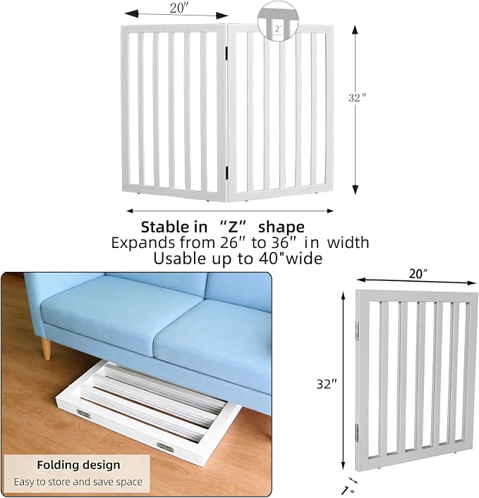 Dog Gate Indoor, Freestanding Dog Fence for The House, Doorways, Hallways,or Stairs,Pet Gate Foldable Wooden,Expandable 32" Height 2 Panels,White