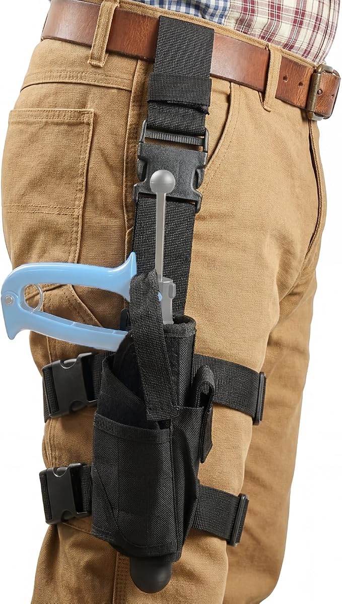 Heavy Duty Holster for Livestock Syringe Belt Mounted Carrier with Leg Strap Hands Free Holder Compatible with 50mL Repeater Injectors Safety Needle Guard for Farm & Ranch Use, Black