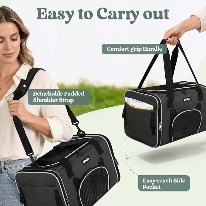 rabbitgoo Cat Carrier Soft Sided, Stable Portable Pet Carrier with Safety Buckles for Car Travel Vet Visit Airline, Comfortable Breathable Kitten Bag for Small Medium Cat, Black, 17x11x11 inch