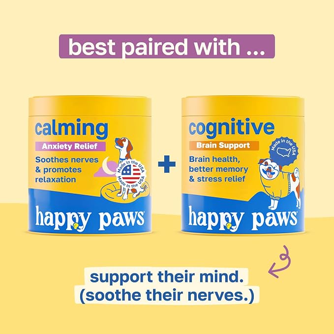 Happy Paws Calming Chews for Dogs, Relaxation & Anxiety Support for All Breeds & Ages, Dog Sleep Aid with L Theanine & Chamomile, Vegan Peanut Butter Flavor, Organic, Non GMO, Soft Chews (100 Count)