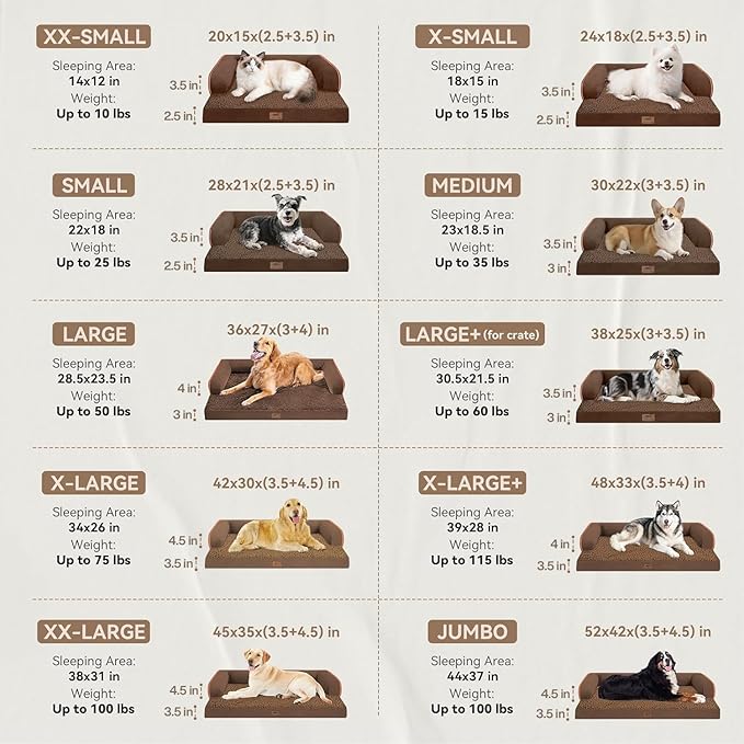 Large Dog Bed Orthopedic Washable - Memory Foam Couch Sofa - XXL Large Big Dogs - Beds Bolster Pet - Waterproof with Removable Cover - Coffee Dog Bed