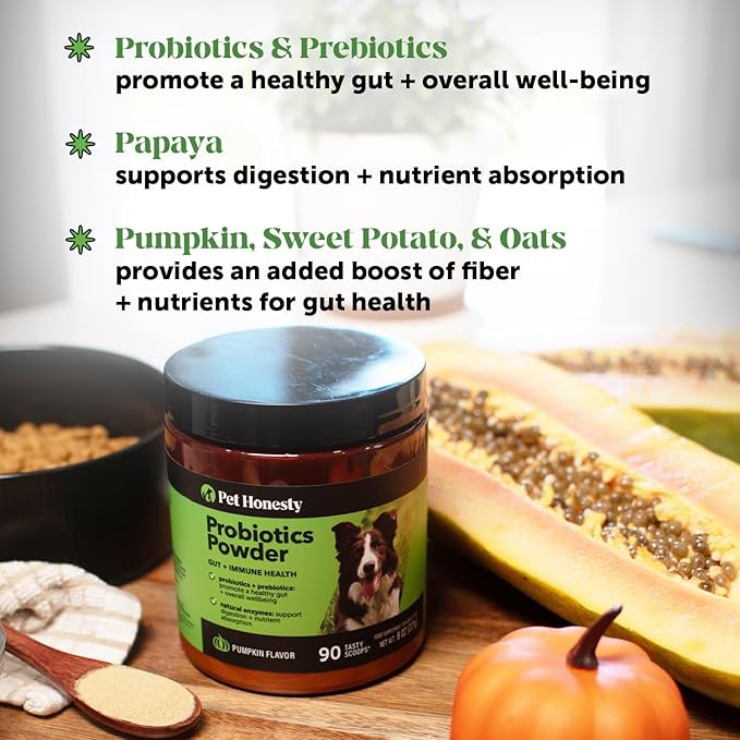 Dog Probiotic Powder with Digestive Enzymes + Prebiotics - Pumpkin Food Topper Supplement for Healthy Digestion, Sensitive Stomach, Gas Relief + Immune Support - Soluble Fiber for Dogs (90 Scoops)