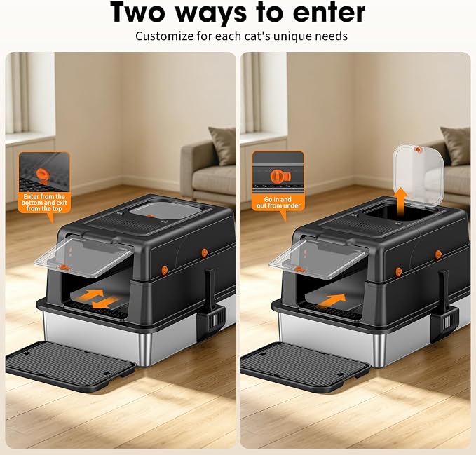 XXXL Stainless Steel Cat Litter Box – Extra Large Open High-Sided Metal Litter Tray, Top Entry Design, Removable Deep Pan for Easy Cleaning, Non-Stick, Anti-Leakage, Black