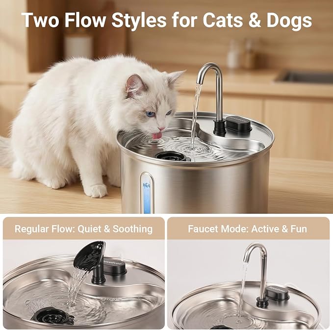 304 Stainless Steel Cat Water Fountain, 118oz/3.5L Cat Fountain with Ultra-Quiet Pump, Water Level Window, Smart Pump Protection, Automatic Cat Water Dispenser Includes 4 Replacement Filters