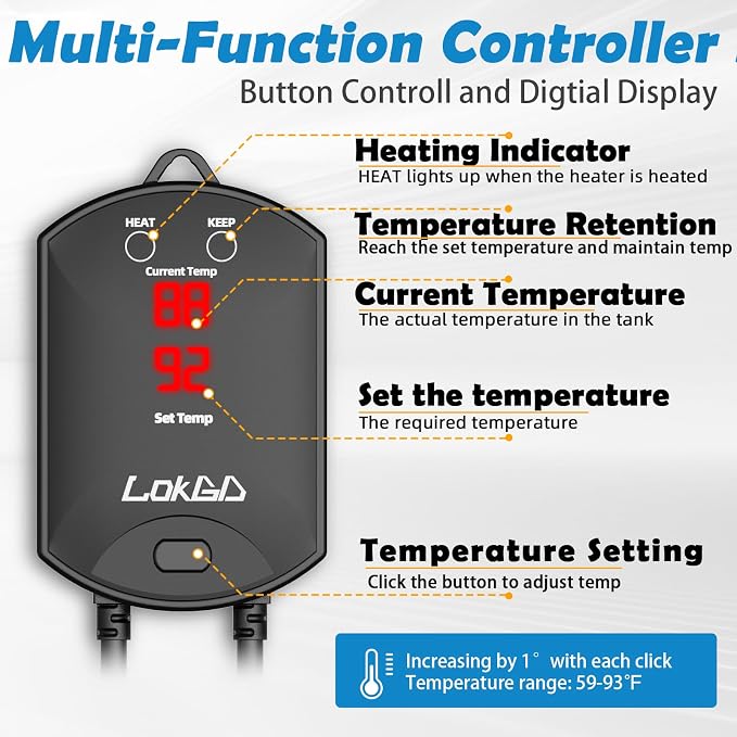 Upgraded 500W Intelligent Aquarium Heater,59°F-93°F Submersible Fish Tank Heater with Intelligent Digital Display Controller and Auto Power Off for 60-135 Gallon Freshwater Saltwater Fish Tanks