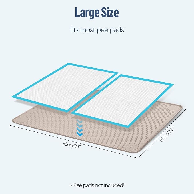 Pee Pad Holder for Dogs, 34" x 22" Silicone Pee Tray Mat Leak-Proof, High Edge, No Spill Pet Pad Holder for Puppy, Cat, Rabbit, Training Pads for Floor Protection, No Pee Pads (Khaki)