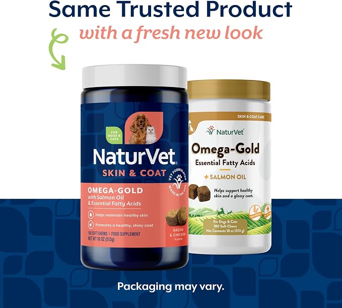 NaturVet – Omega-Gold Plus Salmon Oil | Supports Healthy Skin & Glossy Coat | Enhanced with DHA, EPA, Omega-3 & Omega-6 | for Dogs & Cats | 180 Soft Chews