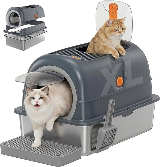 OLIXIS Stainless Steel Litter Box with Lid, Extra Large Enclosed Cat Litter Pan for Big Cats, High Sided Cat Box with Scoop & Mat, Front & Top Entry, Easy Cleaning, Grey