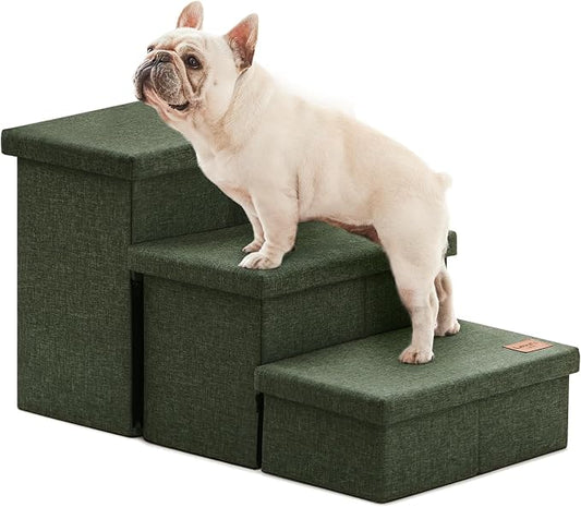 Love's cabin Dog Stairs for High Bed 18" H, Foldable Pet Stairs for Small Medium or Large Dogs Puppy with Storage for Bed or Couch, Cat Dog Steps Ramp with Zip up to 200 lbs, Dark Green, 3 Steps