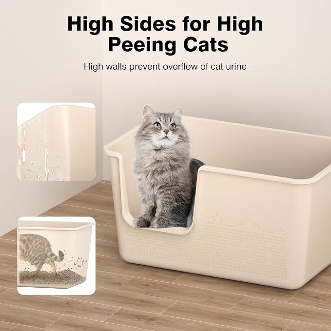 Cat Litter Box with High Sided,24.8" Lx14.9 Wx13.0 H,Extra Large Cat Litter Box for Big Cats,XL Jumbo Kitty Litter Box for Indoor Cats,Tool-Free Assembly (Beige)