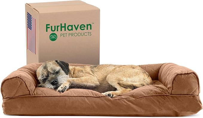 Furhaven Pillow Dog Bed for Medium/Small Dogs w/ Removable Bolsters & Washable Cover - Quilted Sofa - Toasted Brown, Medium