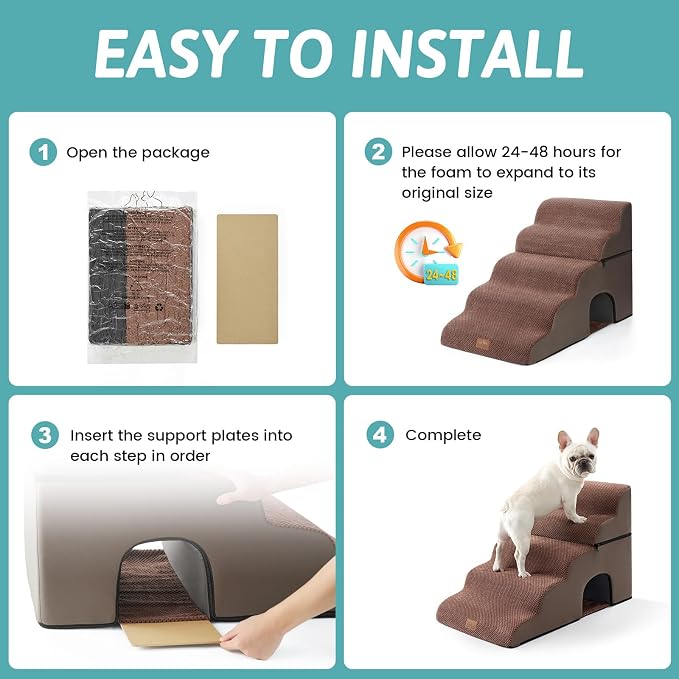 COZY KISS Wide Dog Stairs with Tunnel, Foam Detachable Large Dog Step for Small Pet, Puppy or Cats, Medium Pet Ramp for High Bed, Couch, Sofa or Car, 19.7x33x22.4 inch, 5 Step, Brown