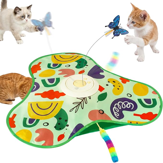 Interactive Cat Toy for Indoor Cats, Rechargeable Touch Activated Kitten Toy with Dual Motion Butterfly & Feather Tail, 3 Speed Automatic Smart Play for Exercise & Boredom Relief